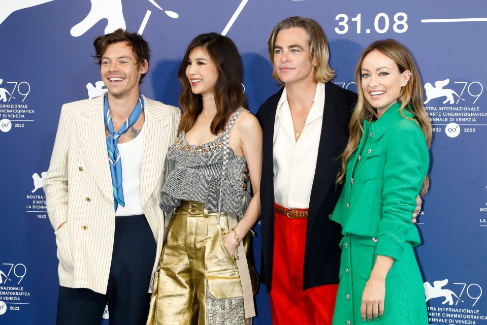 Harry Styles, Gemma Chan, Chris Pine and Olivia Wilde pose at the photocall of Don’t Worry Darling at Venice Film Festival