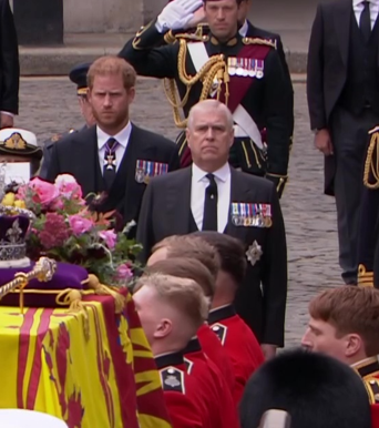 Princes Andrew and Harry wore morning suits as they followed The Queen’s coffin