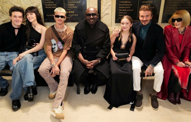 Victoria shared this snap of (left to right) Brooklyn, Nicola, Romeo, Edward Enninful, Harper, David and Anna Wintour