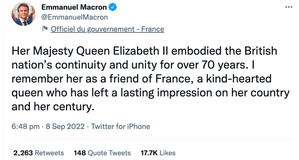 French President Emmanuel Macron spoke highly of the "kind-hearted Queen" who "embodied" Britain over the last 70 years