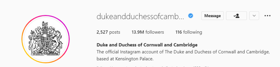 The Duke and Duchess of Cornwall and Cambridge's social media image is their official coat of arms and their bio has been updated to include their new title