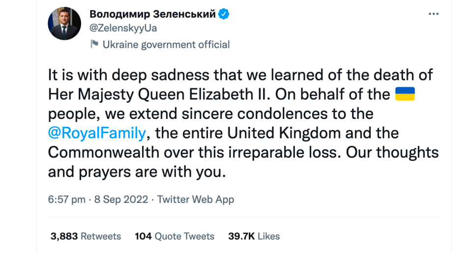 President Zelensky spoke of the UK's "irreparable loss" as he paid tribute to the Queen