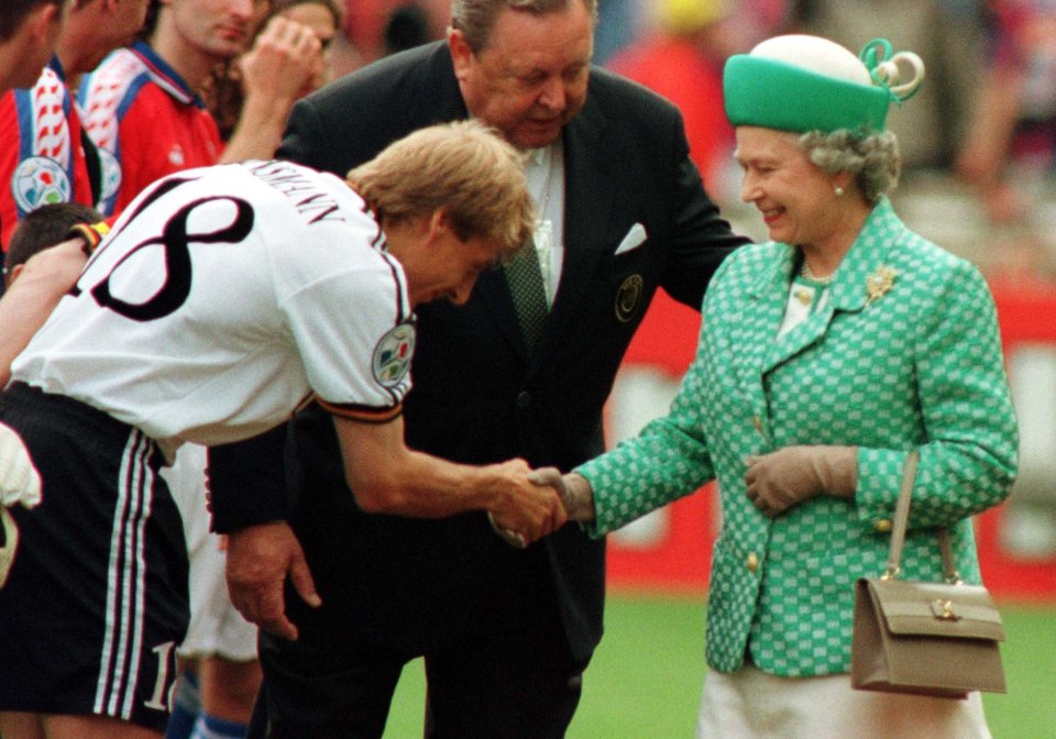 Her Majesty meets Germany star Jurgen Klinsmann before the Euro 96 final at Wembley