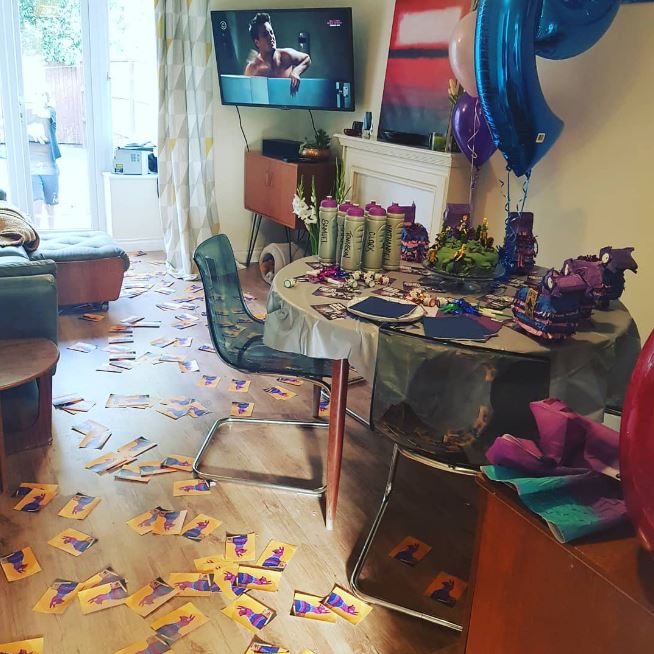 Lara’s living room in the aftermath of her son’s birthday party