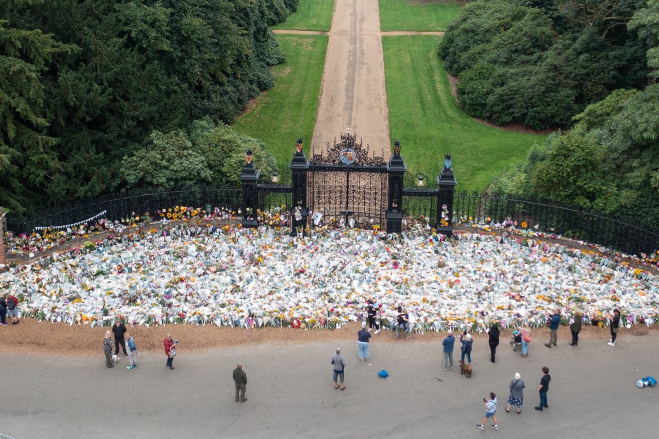 A sea of flowers left at the Norwich Gates on the Royal Sandringham Estate