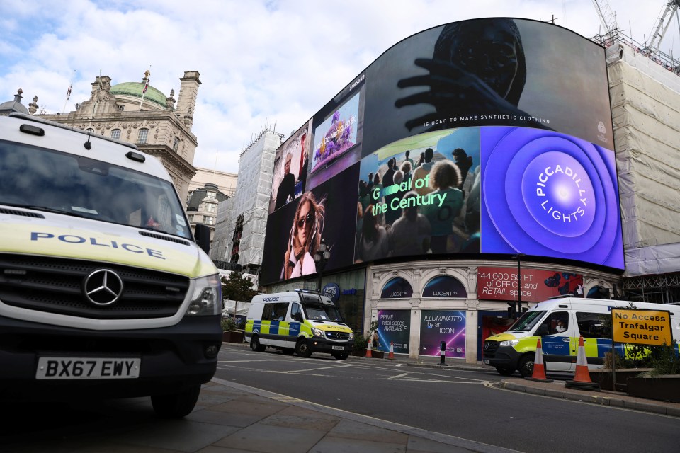 Police vehicles at Piccadilly Circus, near where the attack happened