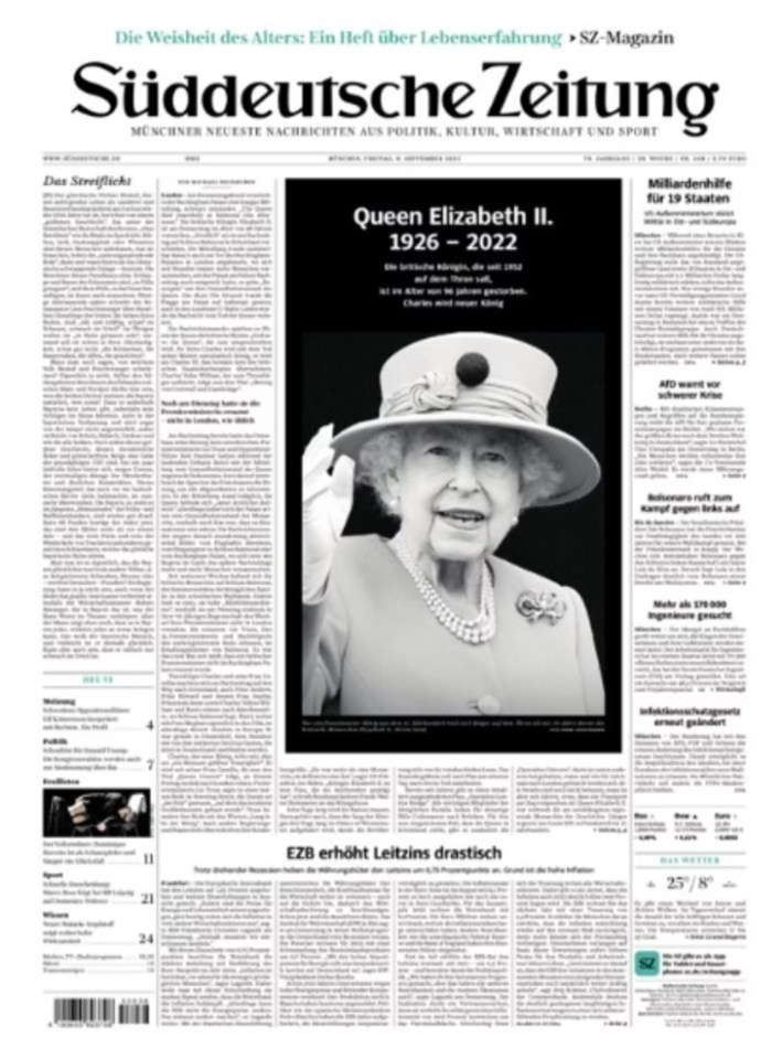 German paper Süddeutsche Zeitung shared a black and white photo on its front