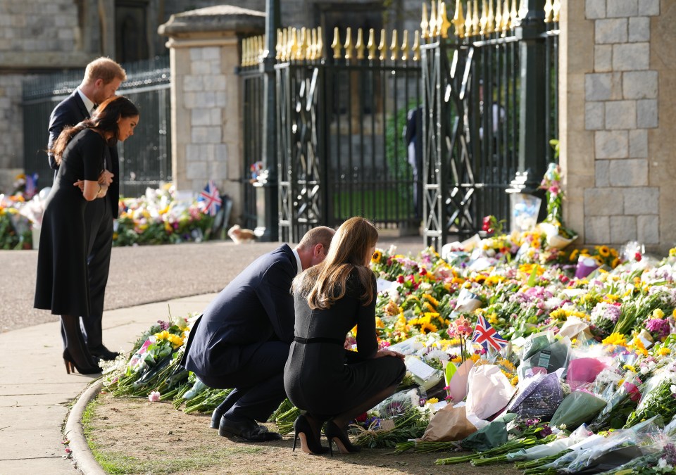 The Prince and Princess of Wales and The Duke and Duchess of Sussex view the tributes at Windsor Castle