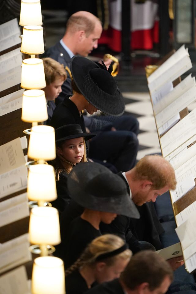 The Prince of Wales, Prince George, the Princess of Wales, Princess Charlotte, the Duke of Sussex and Duchess of Sussex at the Committal Service for the Queen at St George's Chapel today