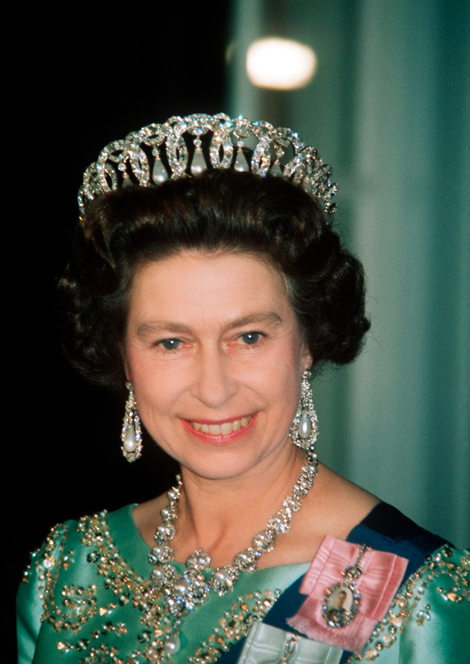 Here Queen Elizabeth II attends a state banquet on a trip to the United States in July, 1976