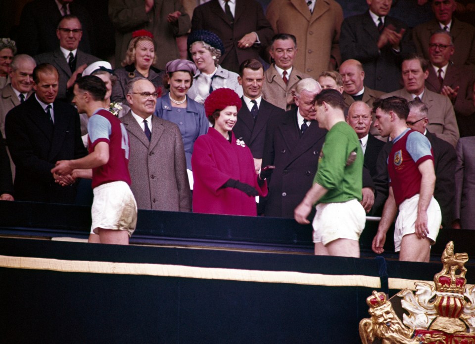 The Queen greeting Burnley players after their 1962 FA Cup final defeat to Spurs