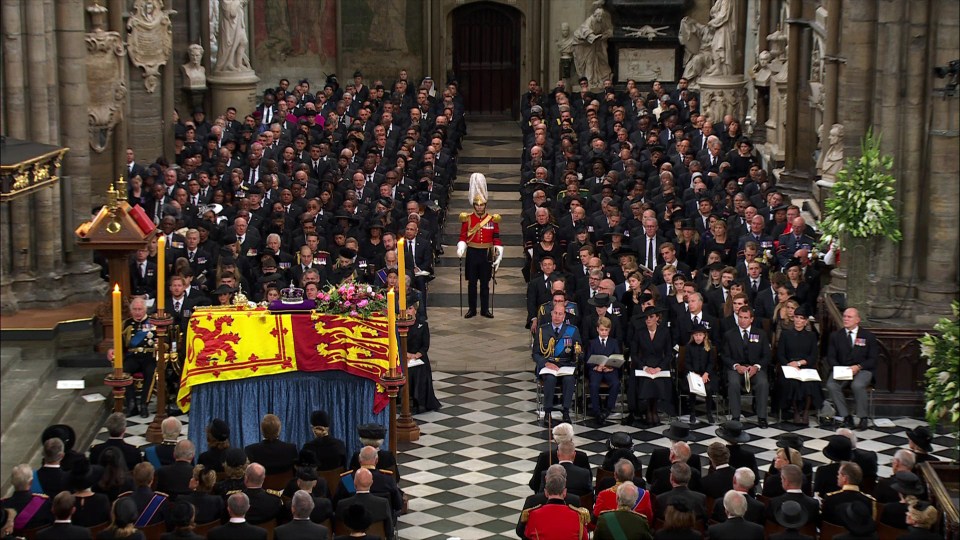 The Queen’s coffin sits amongst 2,000 worshippers in Westminster Abbey on Monday