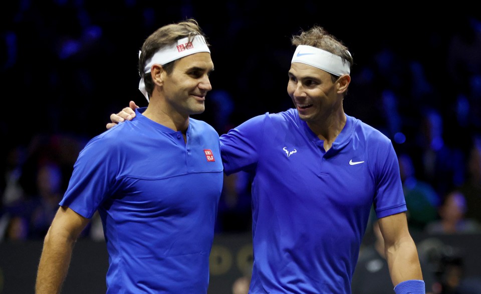 Roger Federer and Rafal Nadal embrace during the Laver Cup