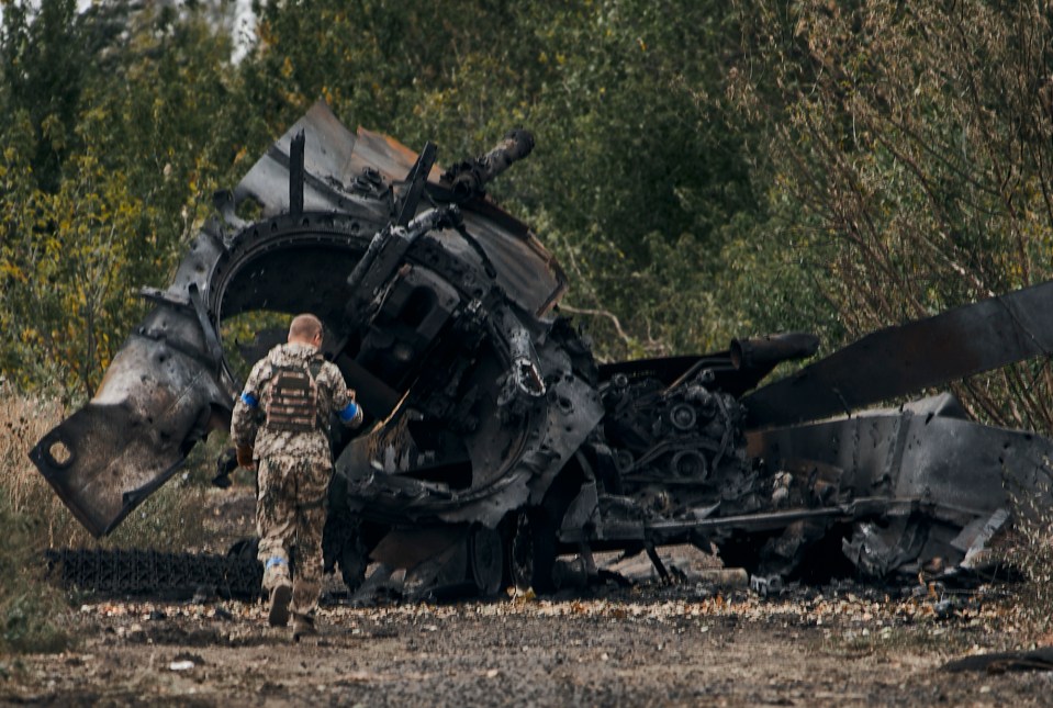 A destroyed Russian tank in eastern Ukraine