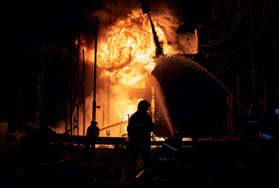 Ukrainian State Emergency Service firefighters put out the blazes after the attacks yesterday