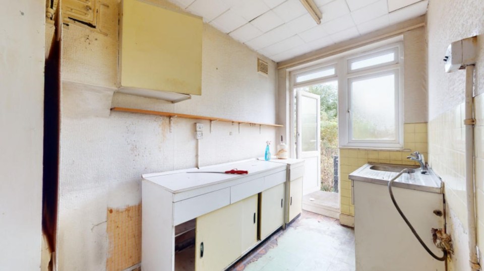 A photograph of the kitchen shows peeing wallpaper, unfinished flooring and broken cupboards