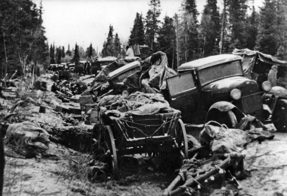 Soviet equipment and bodies after the Battle of Raate, Finland, in January 1940