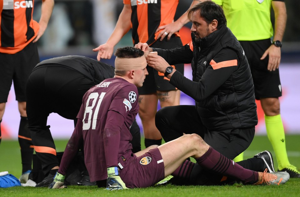 Shakhtar goalkeeper Trubin also required treatment following the collision