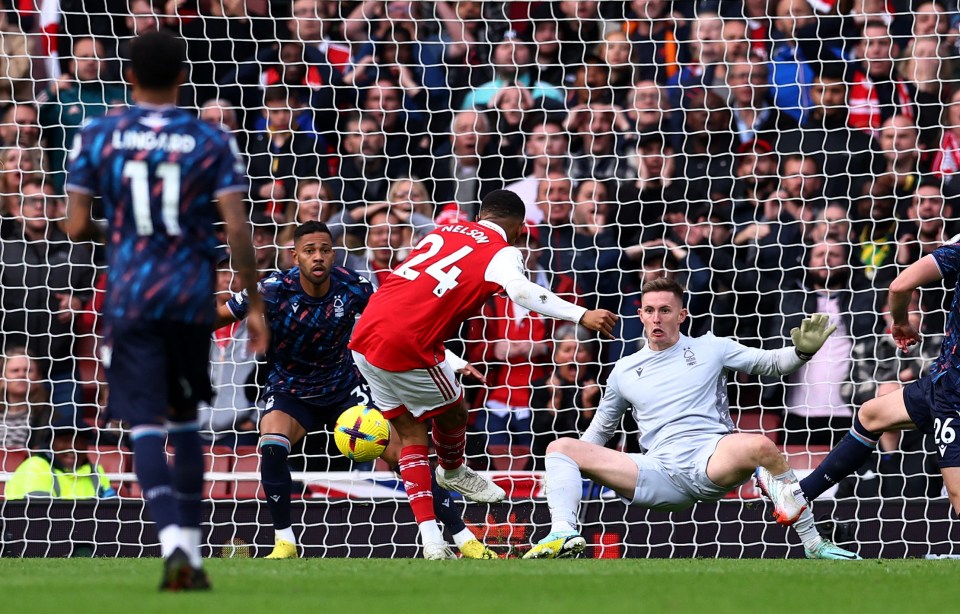 Nelson scores his first of the game to put Arsenal 2-0 ahead