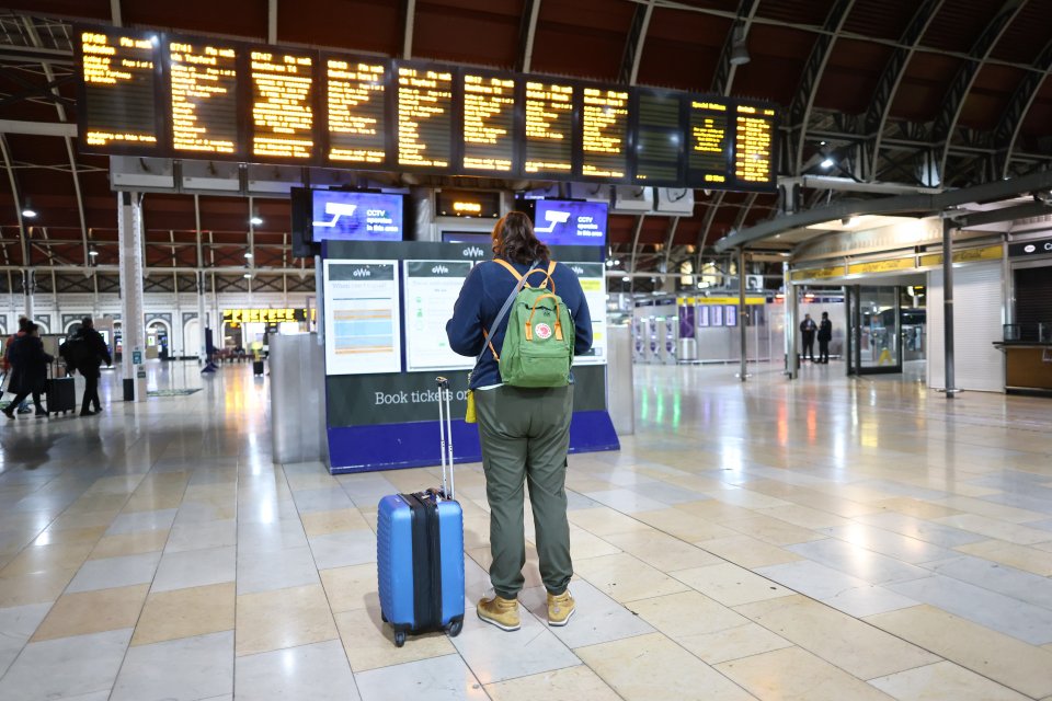 A lone traveller looks at the departure board at Paddington Station in central London