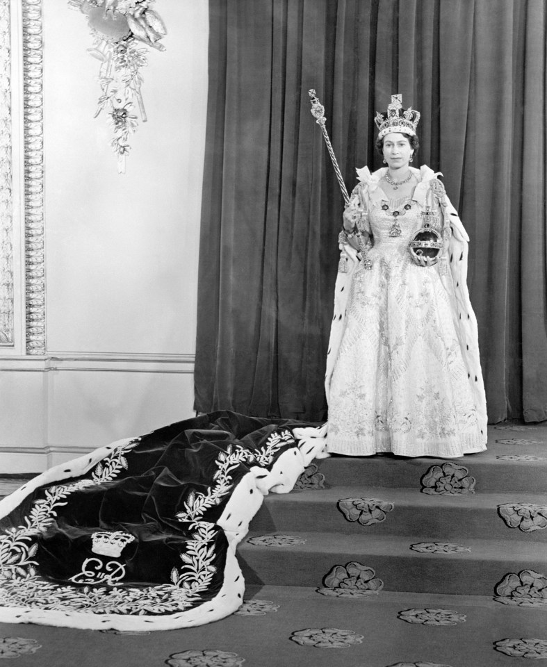 The late Queen in the throne room at Buckingham Palace after her coronation in 1953