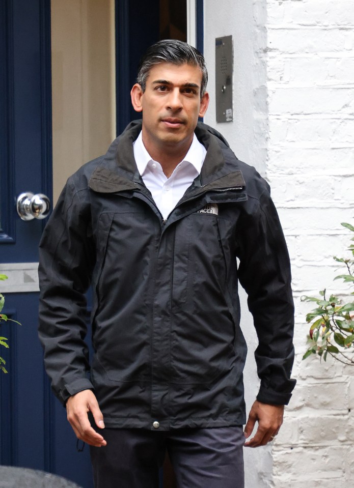 Rishi Sunak, pictured leaving his house on Sunday, is the front-runner to become the new PM