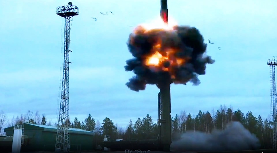 A Yars intercontinental ballistic missile is test-fired as part of Russia’s nuclear drills