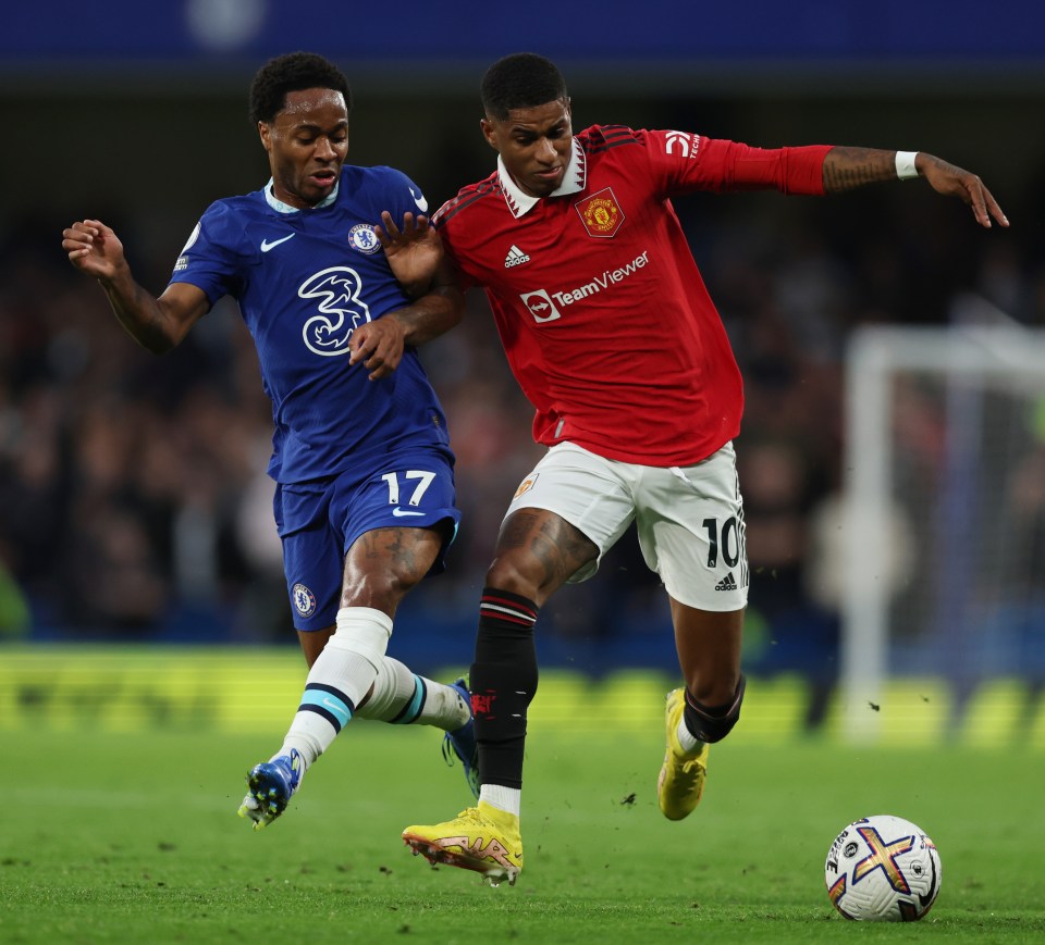 Raheem Sterling battles with Marcus Rashford