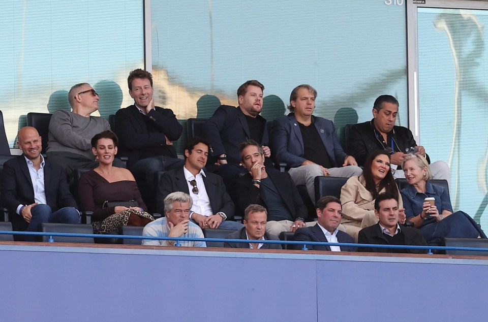 James Corden sat next to Todd Boehly at Stamford Bridge