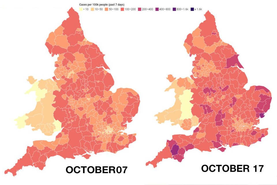 The charts above show how infections have progressed in the last ten days, with clusters of cases appearing in some areas. In just ten days, many areas have turned to dark purple - meaning higher infection rates