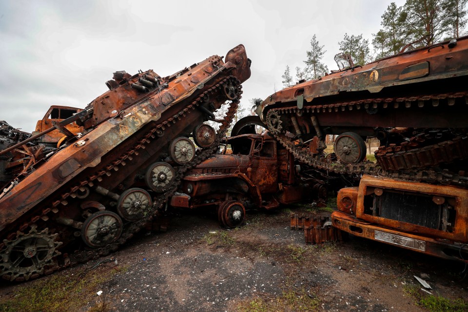 Destroyed Russian armoured tanks in the recaptured Ukrainian city of Lyman, Donetsk area