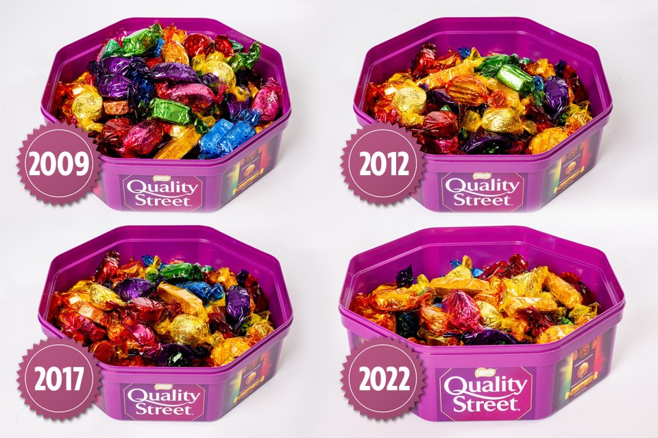 The Quality Street tubs have shrunk from 1,100g in 2009  to 620g in 2022