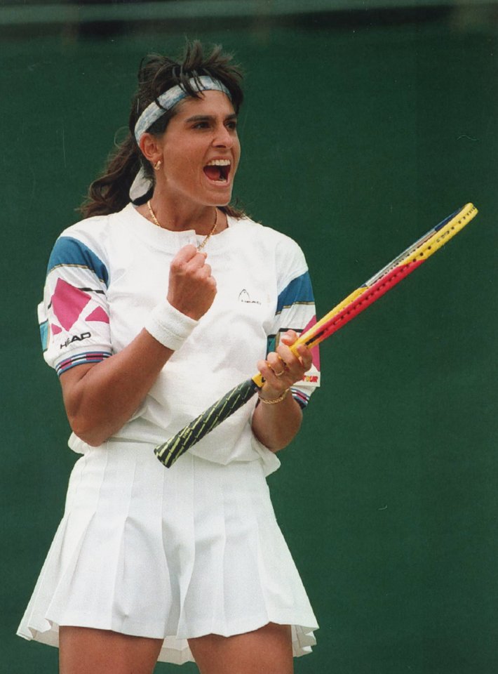 Gabriela Sabatini celebrates a win at Wimbledon in 1995