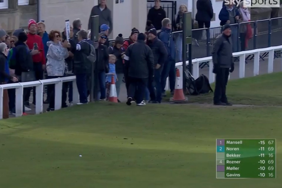 Noble’s tee-shot miraculously bounced around in the crowd before skipping back onto the fairway