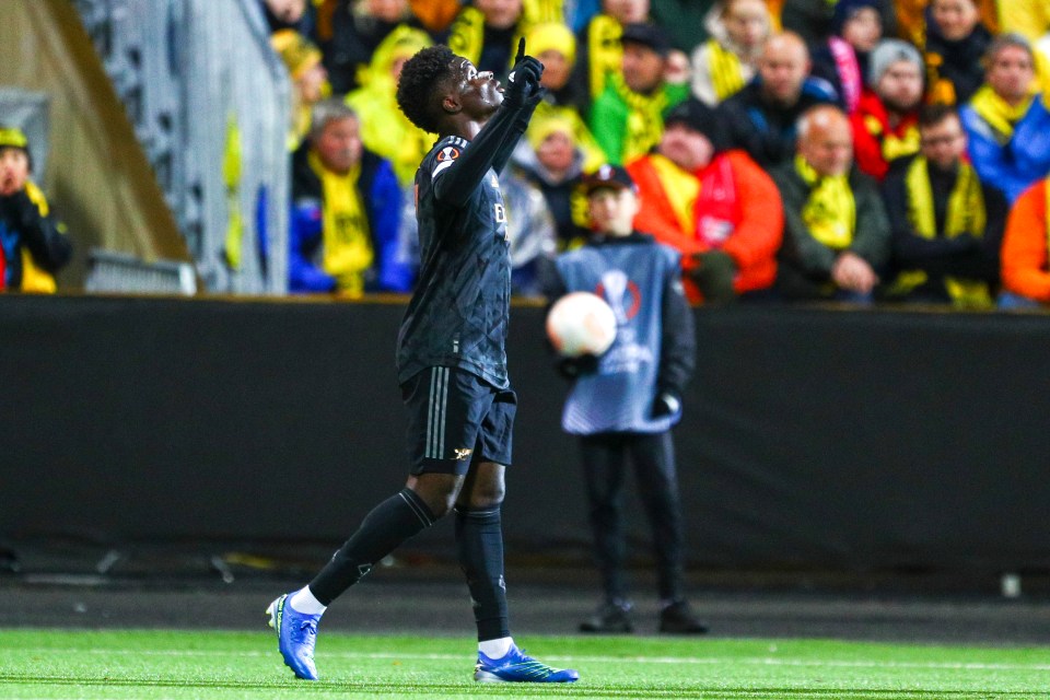 Arsenal’s Bukayo Saka celebrates after his strike against Bodo/Glimt