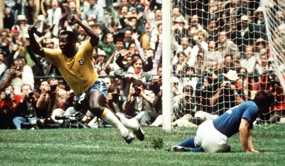 Pele celebrates scoring for Brazil in the 1970 World Cup final