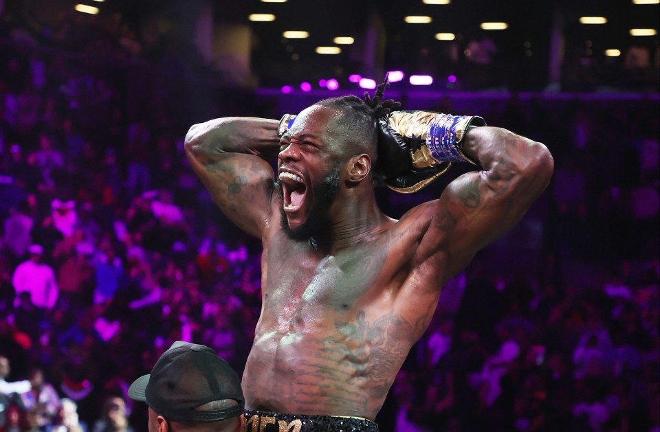 Deontay Wilder celebrates after knocking out Robert Helenius