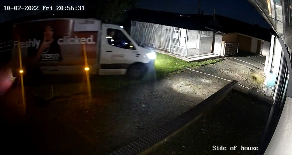 A home security camera has captured the moment a Tesco delivery driver took a shortcut over a man's brand-new lawn