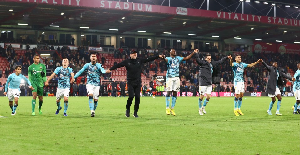 Hasenhuttl celebrated with the travelling supporters after the victory over Bournemouth