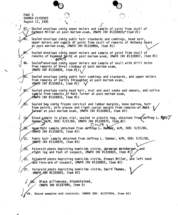 The manifest includes a number of polaroid pictures taken by Dahmer