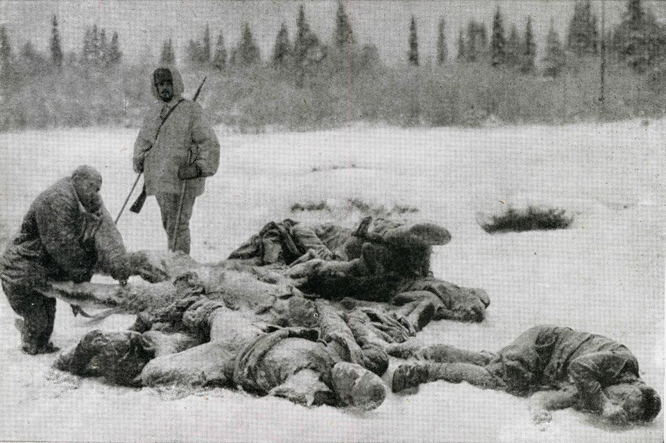 Frozen Russian corpses lying on the ground during The Winter War