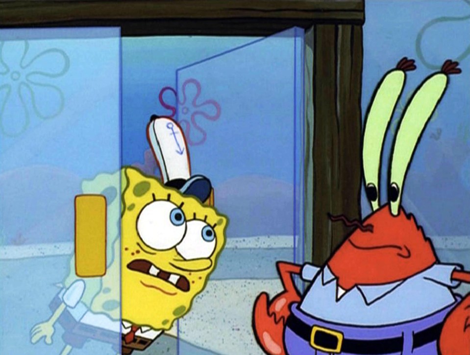 a cartoon of spongebob and mr. krabs standing next to each other