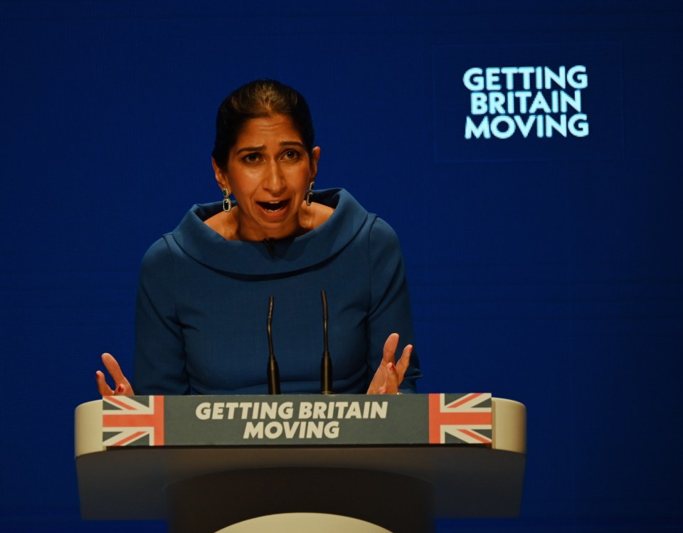 Home Secretary Suella Braverman addresses the Conservative party conference in Birmingham.