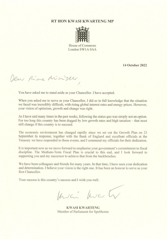 Kwasi Kwarteng confirmed his resignation