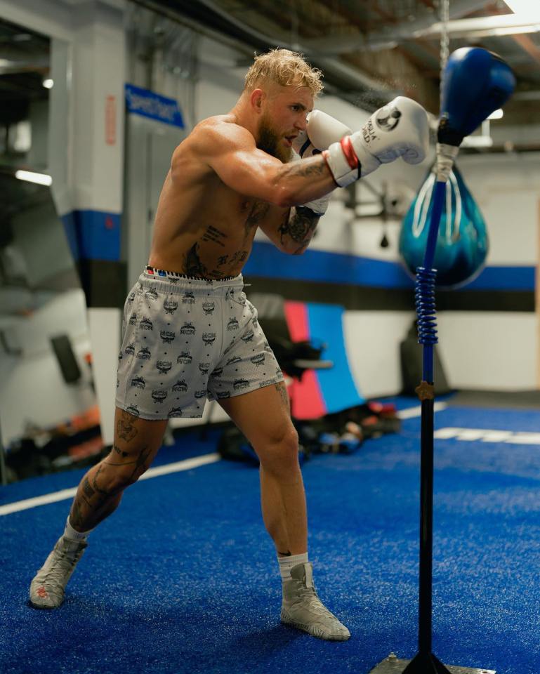 Jake Paul hitting the bag in his Puerto Rico gym