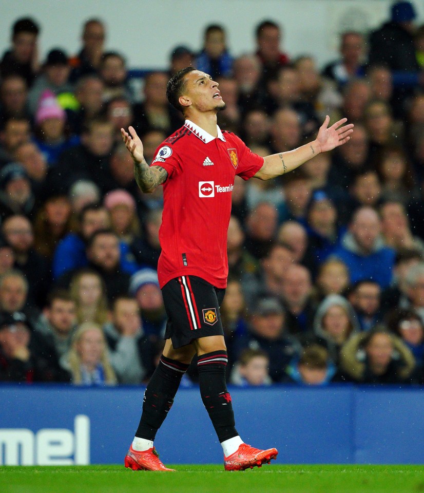 Red Devils’ wideman Antony celebrates his early leveller at Everton