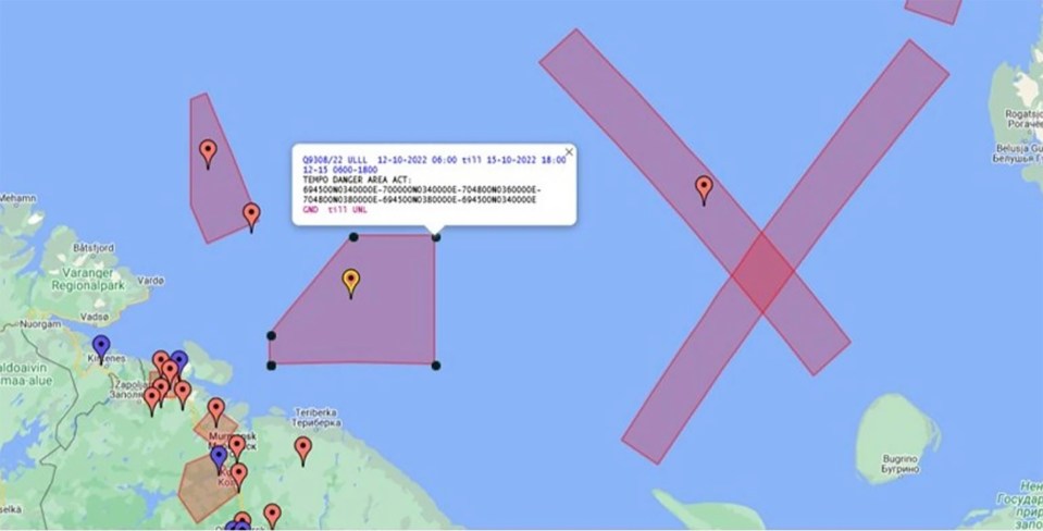 Air traffic and navigation warnings indicate live fire drills in the Barents Sea until Oct 22