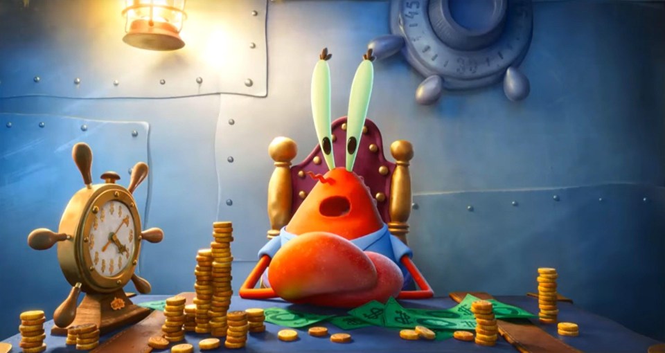 a cartoon character sits in a chair surrounded by stacks of money and coins