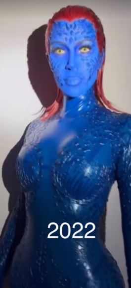 Kim dressed as Mystique from the X-Men movies