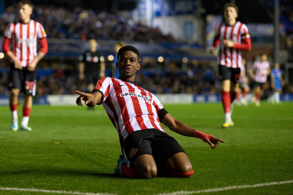 Amad Diallo celebrates scoring for Sunderland